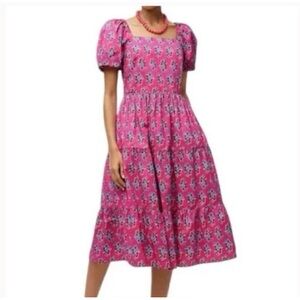 J. Crew Pink Floral Print Tiered Puff Sleeve Midi Dress size 00
